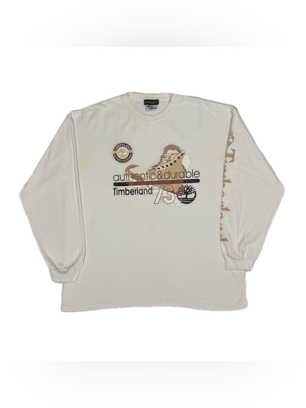Vtg Timberland USA Made White Authentic Boot Graphic Long Sleeve T Shirt Men 2XL
